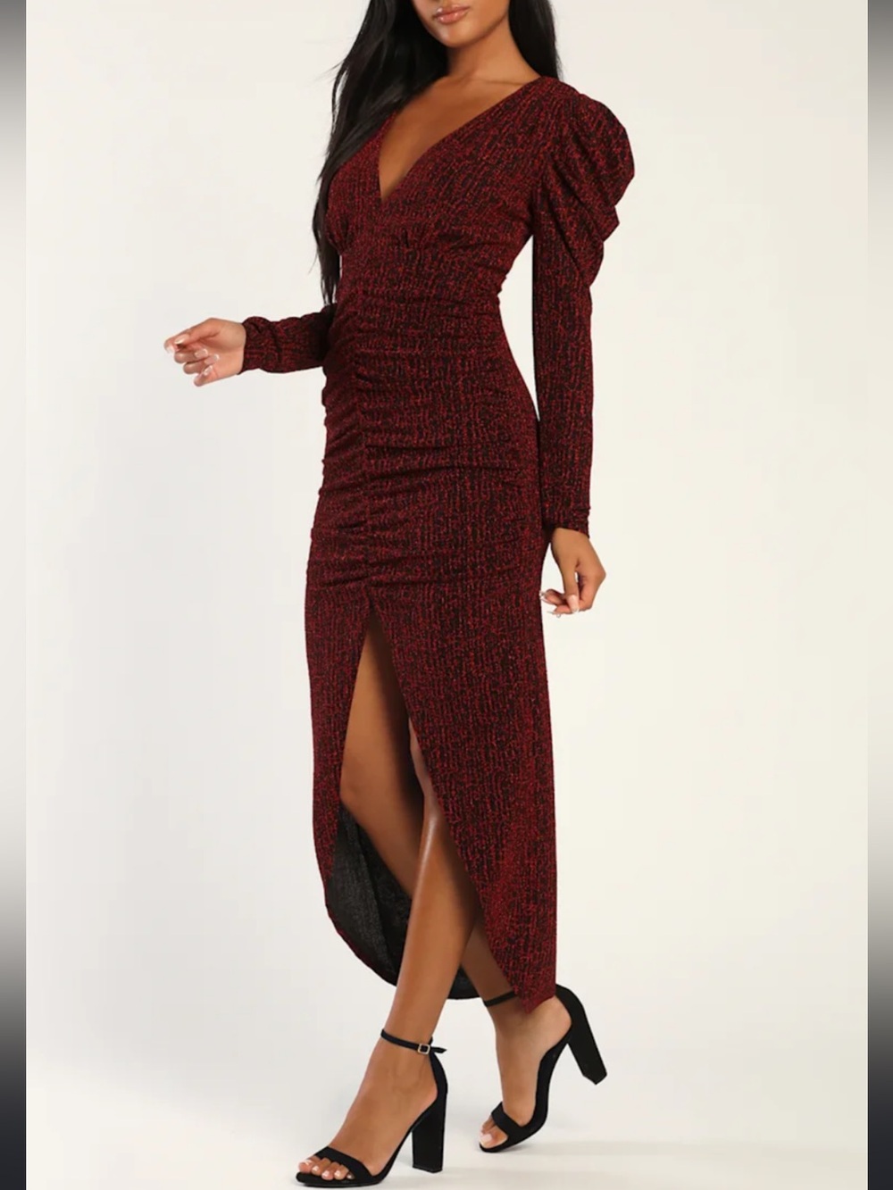 Lulu's Burgundy Ruched V-Neck Maxi Dress with Front Slit